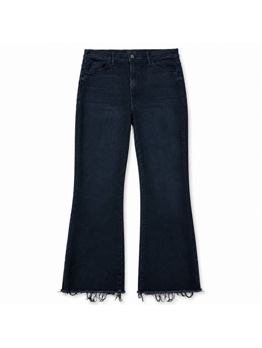 MOTHER The Hustler Ankle Fray Jeans 32 Black High Rise Cropped Flare Raw Hem